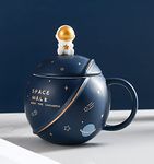 NYRWANA Coffee Mug, Mugs for Coffee, Diwali Gifts, Birthday Gift, Coffee Mug with Lid, Ceramic Coffee Mug with Lid & Spoon, 3D Creative Space and Astronaut Planet Coffee Mug (400ml - Dark Blue)