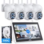 CAMCAMP Wireless Security Camera System Outdoor with 10.1" LCD Monitor, 4Pc 2K Dual Lens PTZ Security Cameras, 10X Zoom, Color Night Vision,Auto Tracking,2-Way Audio,10CH Expandable NVR, 500GB HDD