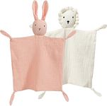 Bunny Lovey Blanket for Boys and Girls, Organic Cotton Muslin Security Blanket for Babies, Soft Breathable Lovie Soothing Towel for Newborn and Infant, 2 Pcs Set