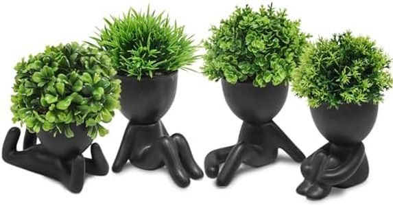 MAKHOT 4PCS Cute Artificial Mini Succulent Plants with Creative Human Shaped Pots, Small Fake Plants for Shelf Desk Tabletop Decor(Black)