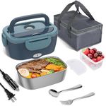 Vabaso Electric Lunch Box Food Heater, 80W Electric Heating Lunch Boxes Lunch for Adults/Men/Car/Truck/Work, 1.5L Removable 304 Stainless Steel Container, 110V/12V/24V, with Fork & Spoon