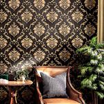 wolpin Wall Stickers DIY Wallpaper (45 cm x 10 m) Black Damask Luxury Self Adhesive Decals Living Room Bedroom Decoration, Black