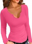 ZAWAPEMIA Womens Long Sleeve Stretchy Slim Fitted T Shirt V Neck Casual Trendy Basic Ribbed Tops L Hot Pink