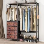 Auromie Clothes Rack with 5 Drawers & 4 Storage Shelves, 59.1W*70.9H Heavy Duty Clothing Rack with 2 Hanging Rods, Wardrobe Closet Organizer System with 5 Hooks, Freestanding Garment Rack (Rustic)