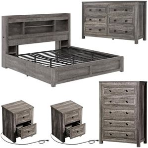 LUXOAK 5-Piece Farmhouse Bedroom Set - King Storage Bed & Dresser, Grey