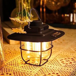 Camping Lantern Rechargeable Outdoor Camping Light Retro Metal, Dimmable Warm White Dual Light Source, Waterproof, for Hiking Fishing Tent Night Lamp (black)