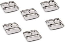 Bartan Star Stainless Steel 3 Compartment Rectangle Plate (Silver, Set of 6)