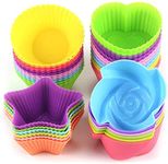 LetGoShop Silicone Cupcake Cases Reusable Baking Cups Nonstick Easy Clean Pastry Muffin Molds 4 Shapes Round, Stars, Heart, Flowers, 24 Pieces Colorful