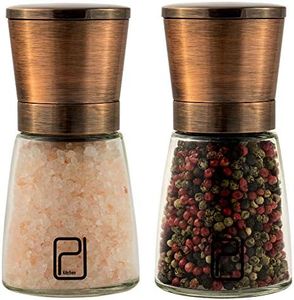 Premium Salt and Pepper Grinder Set - Best Copper Stainless Steel Mill for Home Chef Magnetic Lids Smooth Ceramic Spice Grinders with Easy Adjustable Coarseness Top Salt and Pepper Shakers - 6 Oz