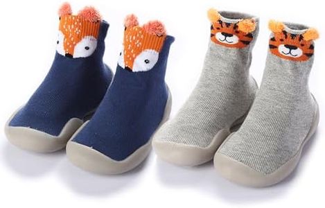 FABRST 2 Pairs Baby Sock Shoes Toddler Infant Non Slip Soft Rubber Sole Slippers First Walking Shoes for Baby Boys Girls(Grey Blue Animal, 6-12Months