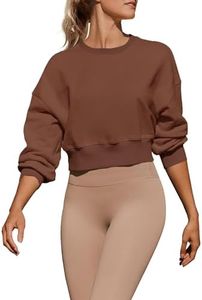 ZESICA Women's 2023 Crop Sweatshirts Casual Long Sleeve Crewneck Solid Color Y2K Fleece Loose Pullover Sweatshirt Tops, Tan, Large