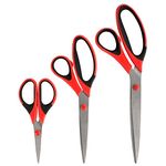 BambooMN Titanium Softgrip Scissors Set for Sewing, Arts, Crafts, Office - 3 Sets of 3 - Red w/Black Inlays