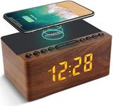 ANJANK Bedside Wooden FM Radio Alarm Clock,10W Super Fast Wireless Charger Station for Iphone/Samsung Galaxy,USB Charging Port, 5 Level Digital Dimmable Led Display,Mains Powered with Backup Battery