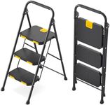 KINGRACK 3 Step Ladder, Sturdy Steel Step Stool with Safe-Lock Design, Handrail, Anti-Slip Wide Pedals, Pass 800lbs Load Testing, Folding Portable Ladder for Multi-Purpose, Home, Kitchen, Black