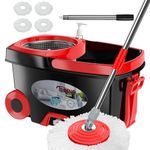 FunClean Spin Mop and Bucket,Mop and Bucket with Wringer Set for Home,360 Spinning Mopping Floor Cleaning Tool with 4 Microfiber Replacement Head Refills,61" Extended Handle, 2X Wheel - Black