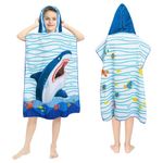 Queenshin Shark Beach Towel, Shark Towel for Kids with Hood | Oversized Microfiber Absorbent Beach, Bath, Pool, Swim Towels Poncho for Boys and Girls | Large Big Blue Shark 26" x 30"