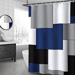 Modern Navy Blue Shower Curtain, Blue and White Shower Curtain for Bathroom, Grey Bath Curtain Modern Geometric Theme Water Repellent Shower Curtains Set, 72 x 72 Inch