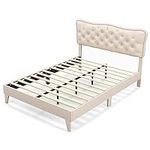 Multigot 4FT6/5FT Upholstered Bed Frame, Wooden Slat Support Bed Platform with Button Tufted Headboard, King/Double Modern Size Bedstead for Bedroom Guest Room Hotel, No Box Spring Needed (5FT)