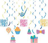 BLUE PANDA 30 Pack Hanging Happy Birthday Swirl Decorations, Party Streamers for Ceiling (35-38 in)