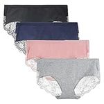 LIQQY Women's 4 Pack Cotton Briefs Mid Rise Panty Pretty Lace Back Full Coverage Underwear (Black/Navy/Grey/Pink, Large)