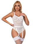 ohmydear Sexy Lingerie for Women Sets Underwired Bodysuit with Suspender Belt Plus Size Mesh See Through Leotard Teddy Babydolls with Widen Garter, UK 8-22 White