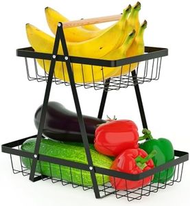 Euakee Cesta para Fruta de 2 Niveles, Fruteros de Cocina, Canasta de Frutas, Práctica Cesta de Frutas de Metal con Mango de Madera, Almacenamiento Canasta para Frutas, Bocadillos, Cocina (Negro)