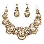 BriLove Costume Fashion Jewelry Set for Women Crystal Teardrop Hollow Scroll Statement Necklace Dangle Earrings Set Champagne Gold-Toned