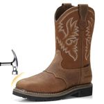 HISEA Men's Western Cowboy Boots Square Toe Steel Toe Work Boots Men's Safety Toe Leather Work Boots, Steel Toe Light Brown, 10.5