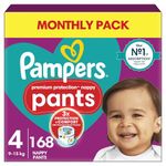 Pampers Premium Protection Nappy Pants Size 4, 168 Nappies, 9kg-15kg, Monthly Pack, With 360° Fit and Ultra-Soft Materials for Our Best Comfort & Protection