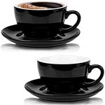 Yesland 2 Pack 10 oz Coffee Cup and Saucer, Ceramic Glossy Black Cappuccino Cups with Saucers for Coffee Shop and Barista, Perfect for Specialty Coffee Drinks, Latte, Cafe Mocha and Tea