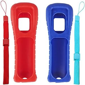 Jadebones 2X Silicone Skin Case Cover with Wrist Strap for Nintendo Wii Remote Controller (Red+Blue)