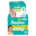 Diapers Size 8, 76 Count - Pampers Swaddlers Disposable Baby Diapers (Packaging & Prints May Vary) & Baby Wipes Sensitive Perfume Free 4X Pop-Top Packs, 336 count (Pack of 1)