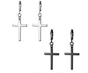 Flongo Mens Womens 4PCS Vintage Stainless Steel Silver Black Cross Dangle Stud Earrings, Religious Christmas Cross Drop Dangle Earrings …