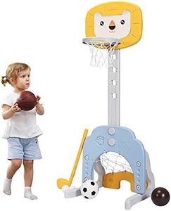 HONEY JOY Kids Basketball Hoop, 3 in 1 Toddler Sports Activity Center w/ 5 Adjustable Height Levels, Basketball Soccer Golf Game Set, Indoor Outdoor Basketball Hoop Set for Baby Infant