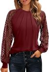 HOTOUCH Womens Long Sleeve Shirts Lace Tops Christmas Pleated Dressy Blouses Business Casual Loose Fall T-Shirts Wine Red