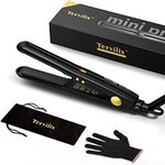 Terviiix Mini Hair Straightener for Short Hair, Tourmaline Ceramic Compact Small Straighteners, Travel Mini Straighteners with Pouch, Auto Shut Off, Dual Voltage with Adjustable Temp, Black
