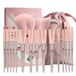 Makeup Brushes HEYMKGO 15pcs Premium Synthetic Bristles Green Conical Handle Kabuki Foundation Brush Makeup Sets Professional Portable Flannel Bag (Pink)