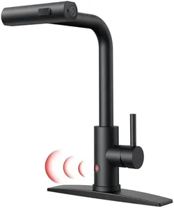 FORIOUS Touchless Waterfall Kitchen Faucets, Black Kitchen Sink Faucet with Pull Down Sprayer, Stainless Steel Modern Contemporary Kitchen Faucet Hands-Free for Laundry Bar Rv Farmhouse