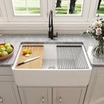 Workstation Farmhouse Sink for Kitchen, DeerValley 33" L x 20" W Apron Front Sink Farm Sink, Fireclay Single Bowl Kitchen Sink with Grid, Sink Strainer & Workstation Accessories DV-1K0067