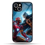 Kirmada Batman Vs Ironman Marvel Avengers Printed Glass Cover Compatible with iPhone 15 Stylish and Durable, Scratch Resistant, Desginer High Printed Quality and Perfectly Fit.