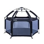 Baby Playpen, CutieClub Portable Playard Playpen with Safety Mattress for Infants and Babies, Best 6-Panel Kids Playpen with Anti UV Canopy for Indoor and Outdoor (Black)