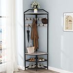 VEDECASA Corner Hall Tree Coat Rack with Shoe Bench and Storage Shelf 4-Tier Freestanding Entryway Corner Organizer with 10 Metal Movable Hooks and Wooden Shelves for Bedroom Hallway Closet Grey