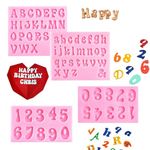 QEEYON 4 Pcs Silicone Letters Numbers Mold, Chocolate Fondant Candle Mould, 3D Silicone Mould Alphabet Number Biscuit Ice Cube Gummy Making Tray DIY Baking Mold for Cake Dessert Decoration