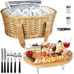 Hap Tim Wicker Picnic Basket Set for 2 with Mini Folding Wine Picnic Table & Large Insulated Cooler Bag & Cutlery Service Kits for 2 Person, Couples Gifts, Wedding Gifts (CA-Y2209-2-GR)