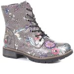 Pavers Distinctive Ladies Combat Ankle Boots in Grey Multi with Metallic Floral Print - Side Zip for Easy Wear - Full Lace-Up - Size UK 7 / EU 40