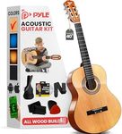 Pyle Beginner Acoustic Guitar Kit, 4/4 Full Size All Wood Instrument for Beginners, Adults, 39" Natural Gloss