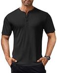 COOFANDY Men's Short Sleeve Henley Shirts Stretch Ribbed T-Shirts Casual Button Basic Tops, Black, Medium