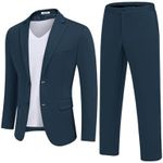 COOFANDY Men's Suits 2 Piece Slim Fit Suit Set 2 Button Lightweight Casual Knit Blazer Suit Jacket Pants Blue