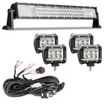 SAN YOUNG LED Light Bar Kit, (1) 20 Inch Triple Row LED Light Bar, (4) 4 Inch LED Light Pods, (1) Wiring Harness, 12V 24V Offroad Driving Light Bar for Trucks ATV UTV Boat Off Road Auxiliary Driving