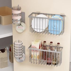 4 Pack Adhesive Cabinet Door Organizer - Tumbler Lid Organizer & Kitchen Storage baskets for Kitchen, Bathroom, Inside Cabinet Door Storage for Cup Lids, Spices, Small Supplies, Space-Saving (Grey)